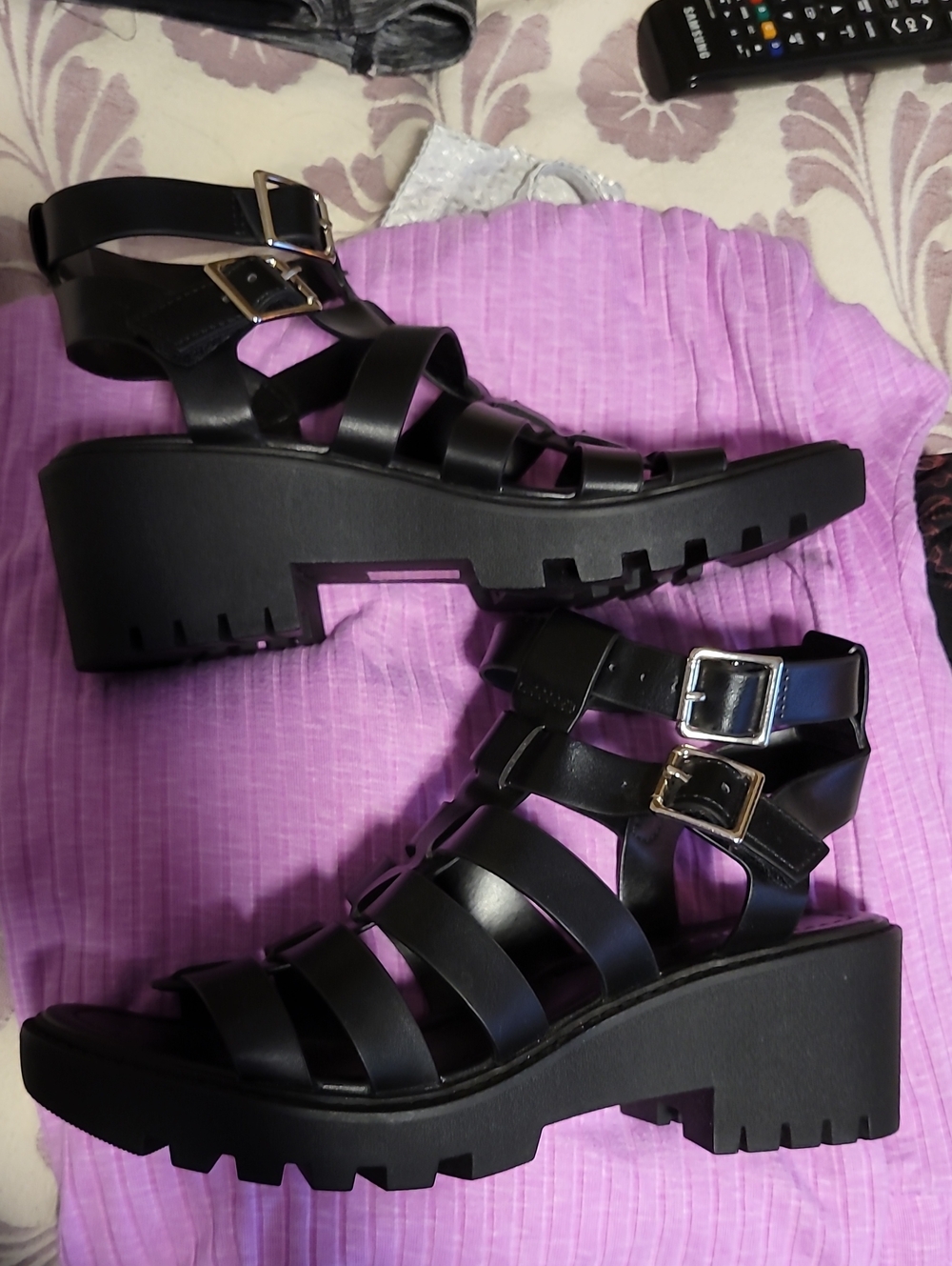 Soda Black Strappy Lug-Sole Chunky Heel Sandals